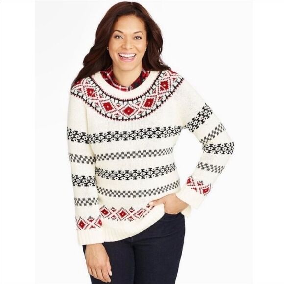 Talbots XL Ivory Red Nordic Fair Isle Wool Blend Knit Crewneck Sweater - Picture 1 of 15